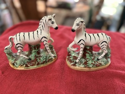Pair Staffordshire Style Zebra Figurines Made in England Chipped Ears 6''