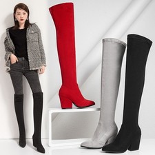 34-43 Womens Pointed Toe Stretchy Over The Knee Boots 8cm High Heel Fashion Size