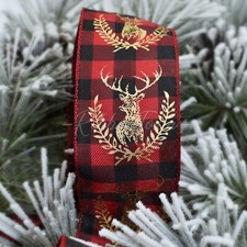 25ft Christmas Gold Reindeer Black Red Buffalo Plaid Check Gingham Wired Ribbon