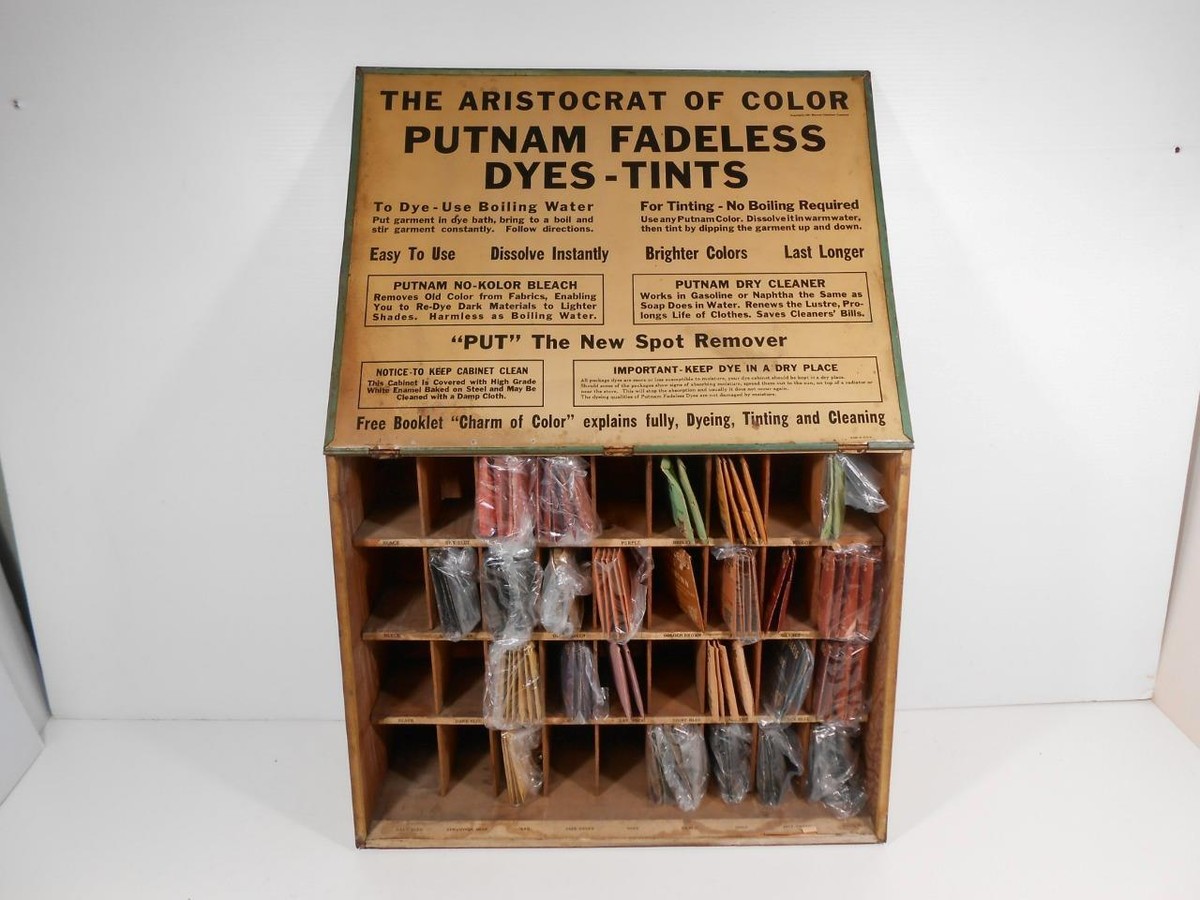 ANTIQUE PUTNAM DYES TINTS TIN WOOD STORE DISPLAY CABINET 