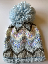 Justice Girls Sequined Powder Blue One Size Rolled Edge Pom Pom Beanie Hat NWT