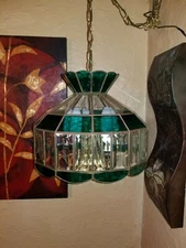 MID CENTURY GREEN STAINED CLEAR ETCHED GLASS HANGING SWAG LAMP UFO 5 BULB NICE