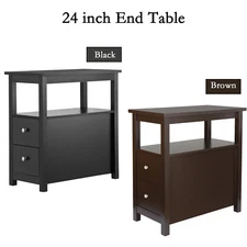 Black/Brown Wood End Table w/ 2 Drawer and Storage Shelf Narrow Side Table