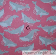 BonEful FABRIC FQ Cotton Quilt Pink Gray White Water Whale Fish Ocean Beach Sea