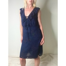 TORY BURCH Navy Sheer Floral Silk Ruffle Sleeveless Dress US 2