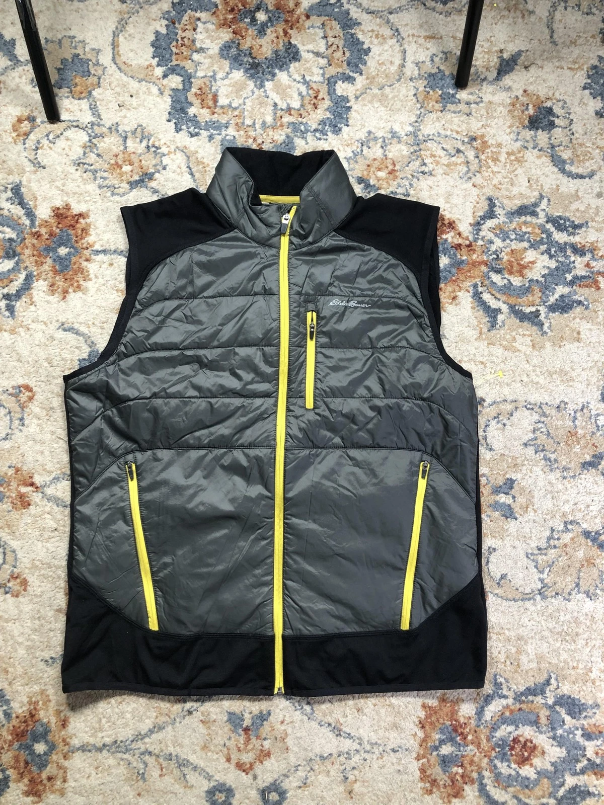 Eddie Bauer Vest Mens Large Gray Quilted Fleece Back Full Zip Pockets Outdoor