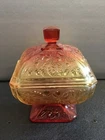 Vtg Jeanette Amberina Candy Dish w/Lid. Box - Carnival Glass - Acorn Pattern EC