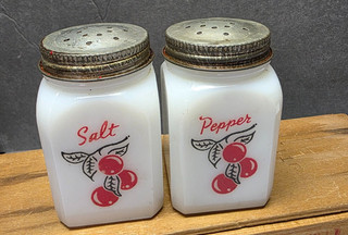 VINTAGE MCKEE GLASS RED CHERRY ON BLACK STEM SALT AND PEPPER SHAKERS