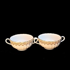 Royal Worcester 2 Soup Bowls Cream Bouillon Kempsey Floral Center Gold 1944-1955