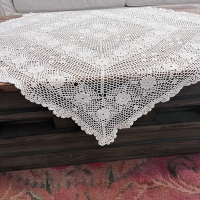 Vintage Tablecloth, White Crocheted, Table Topper, Scalloped Edges, 100% Cotton