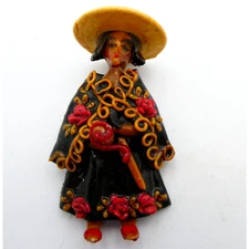 Handmade Ecuadoran Folk Art Christmas Salt Dough Ornament Woman in Hat VTG