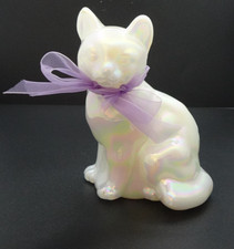 Fenton Art Glass White Iridescent Sitting Cat Figurine Paperweight