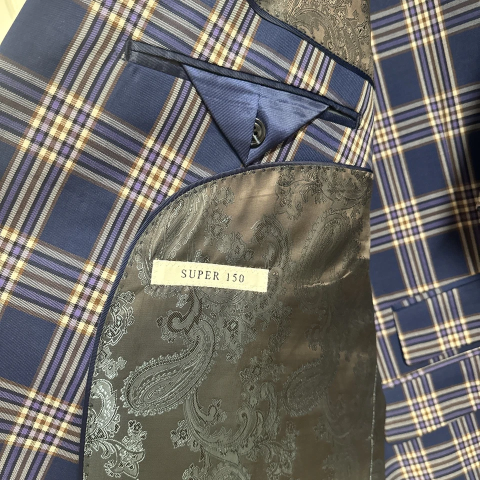 Terno masculino Veno Giovanni 100% lã azul xadrez com colete tamanho 54R/48R novo com etiquetas 3 peças - Imagem 3 de 4