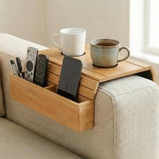 Solvio Bamboo Sofa Arm Tray with Cup Holder, Foldable Couch Arm Table