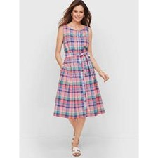 Talbots Womens Pink Blue Plaid Button Front Sleeveless Fit Flare Dress Size 8
