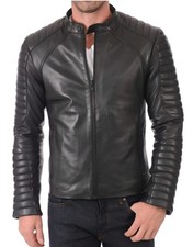 Men's Black Genuine Lambskin Leather Biker Jacket Cafe Racer Quilted Moto Coat