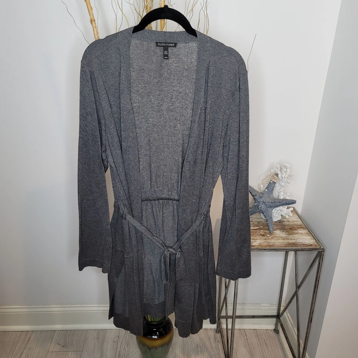 Eileen Fisher Cardigan Womens Medium Belted Lyocell Silk Blend Knit Duster