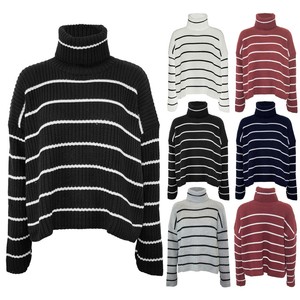 Womens Ladies Stripe Knit Oversized High Polo Cowl Neck Chunky Cable Rib Jumper | eBay