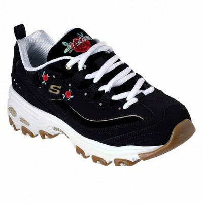 white skechers with roses