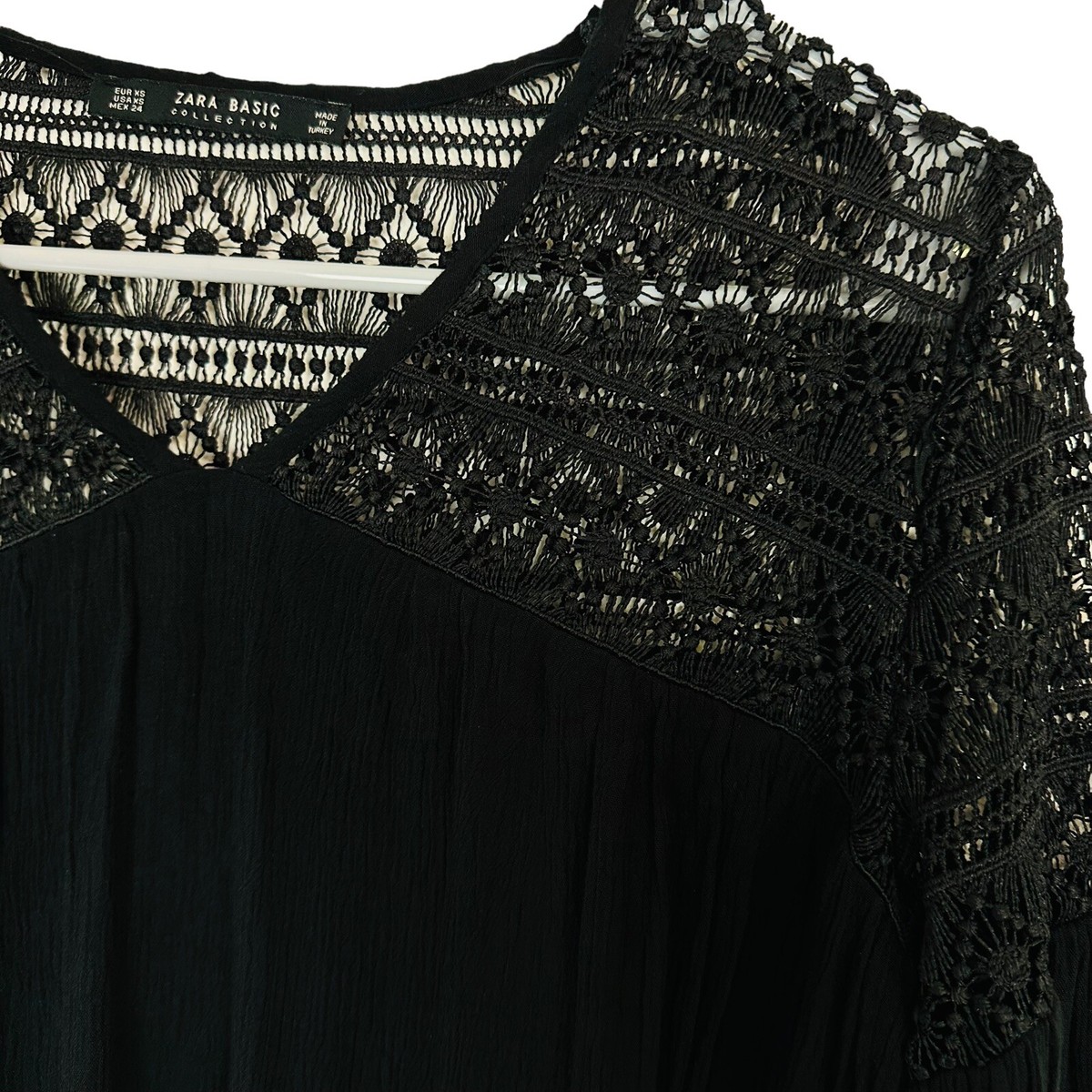 ZARA Dress Black Lace Embroidered MIDI Size XS 3/4 Sleeves Light Vneck |  eBay