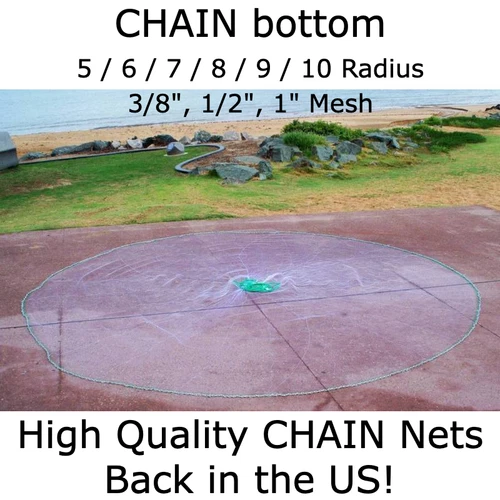 Cast Net Bait 5-10 Ft Mono Drawstring 3/8"-1/2"-1" CHAIN Bottom. Best Quality