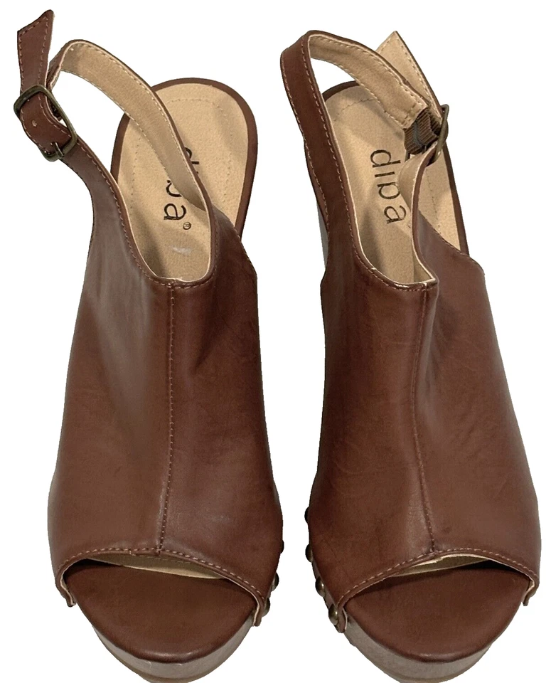 Diba Platform Wedge Sandals Heels Peep Toe Sling Back Brown Studded Women Sz 7.5 - Image 3 of 4