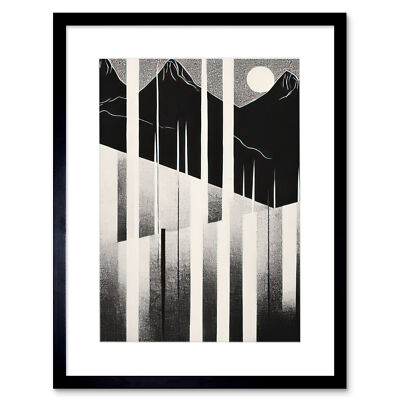 Abstract Mountain Landscape Lake Sunrise Linocut Framed Wall Art Print 12X16
