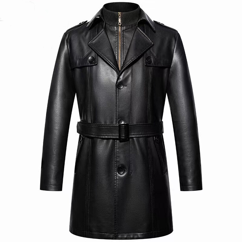 Genuine Leather Coat Men Over-the-Knee Leather Windbreaker Casual