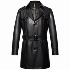 Genuine Leather Coat Men Over-the-Knee Leather Windbreaker Casual Velvet Thicken