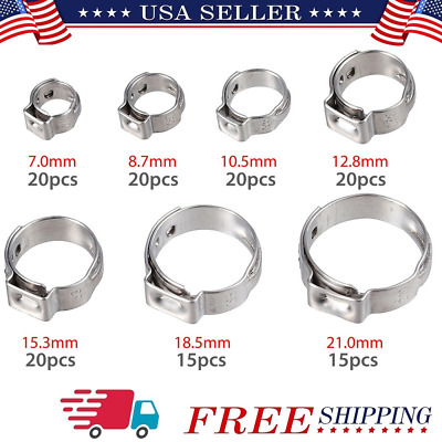 130PCS Single Ear Stepless Hose Clamps Assortment Rings Stainless Steel 7-21mm