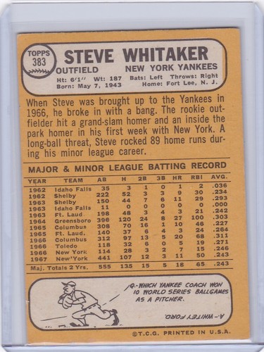 1968 Topps Baseball Card #383 Steve Whitaker New York Yankees - VG+ - Picture 2 of 2