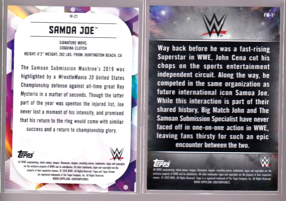 John Cena Samoa Joe Fantasy Matches FM-1 IV-21 & 56 Refractor 2020 Topps Chrome - Image 3 of 3