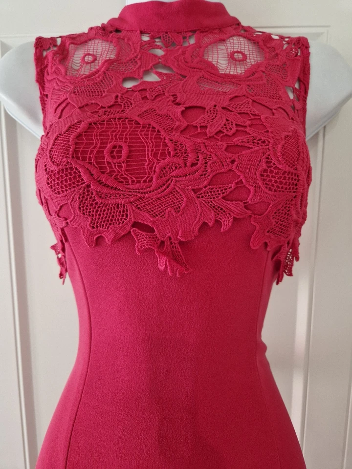 Vestido ceñido al cuerpo sin mangas de crepé elástico encaje guipur floral rosa costa para mujer 8. Foto 2 de 4