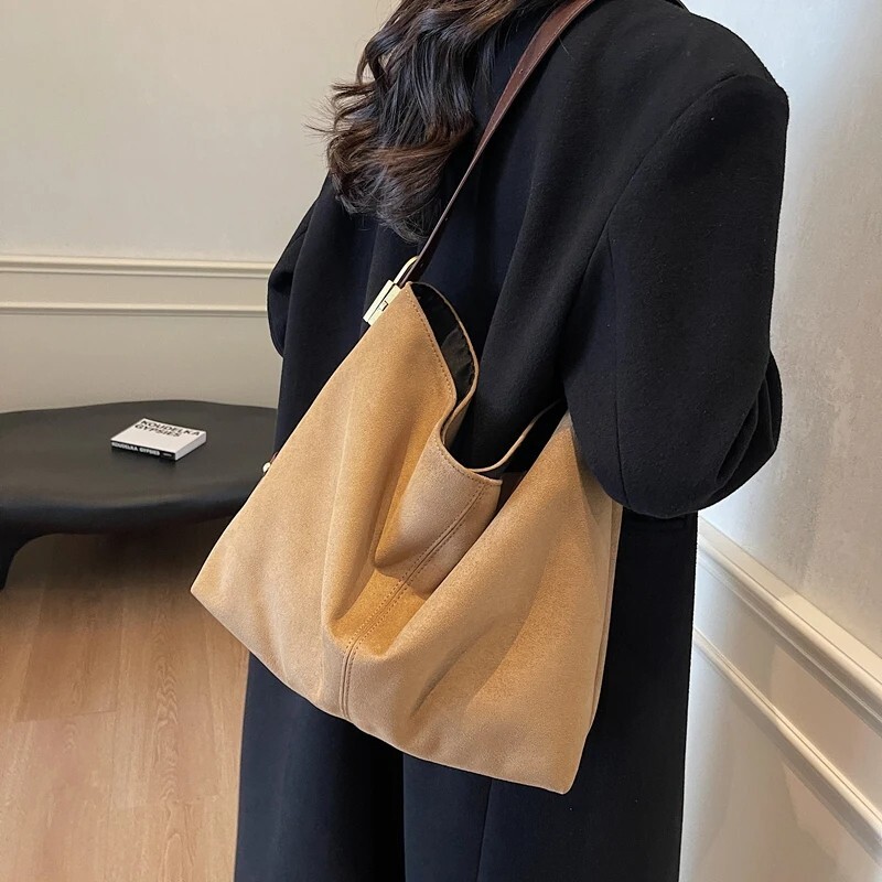 Large Suede Leather Shoulder Bags Women Snap Lock Adjustable Strap