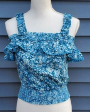 House Of Harlow 1960 smocked Ruffle Maritine Blue Print Blouse small 100% cotton