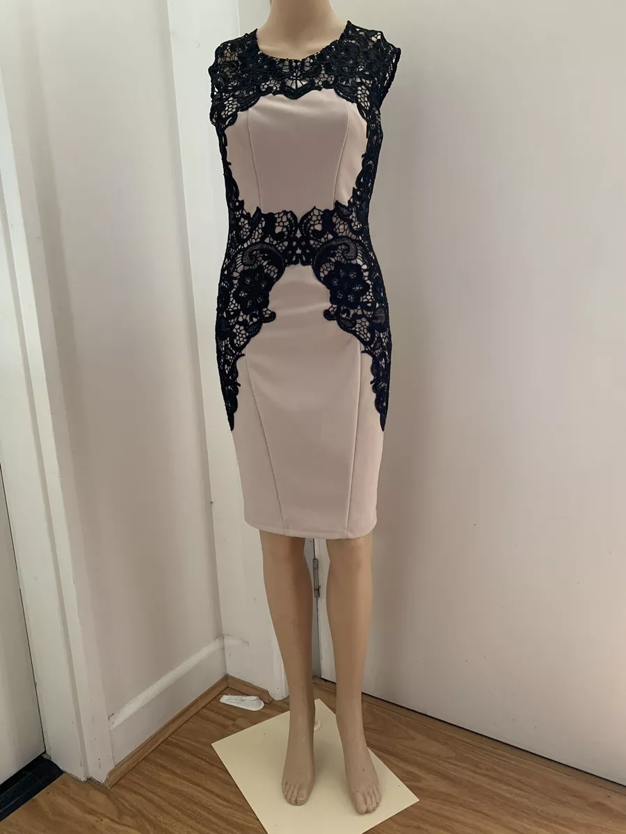 LIPSY LONDON Ivory Black Lace Bodycon Sexy Party Coctai Dress NWOT Eu36 US6  UK10