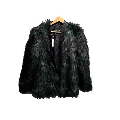 Balmain x H&M Black & Green Leather Trim Faux Fur Belted Women's Jacket Size 8