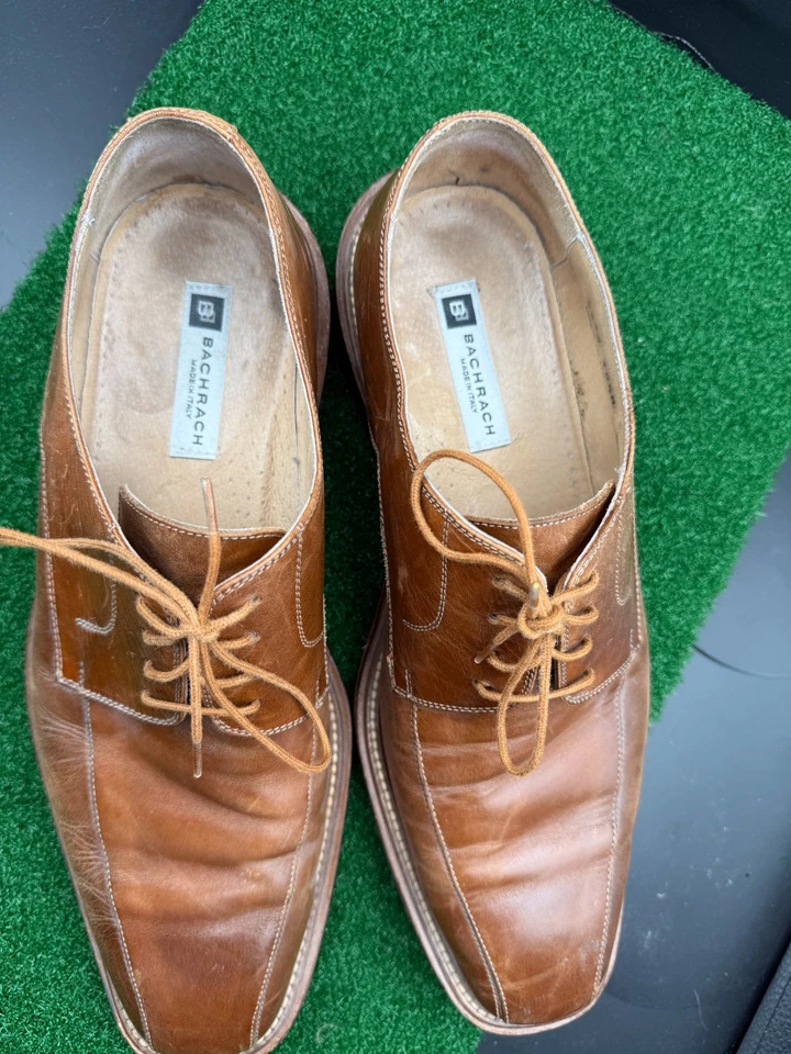 Bachrach Hombres Cuero Zapatos de Vestir Oxford Con Cordones Talla 10.5M Marrón 5279 Hecho en Italia Foto 3 de 4