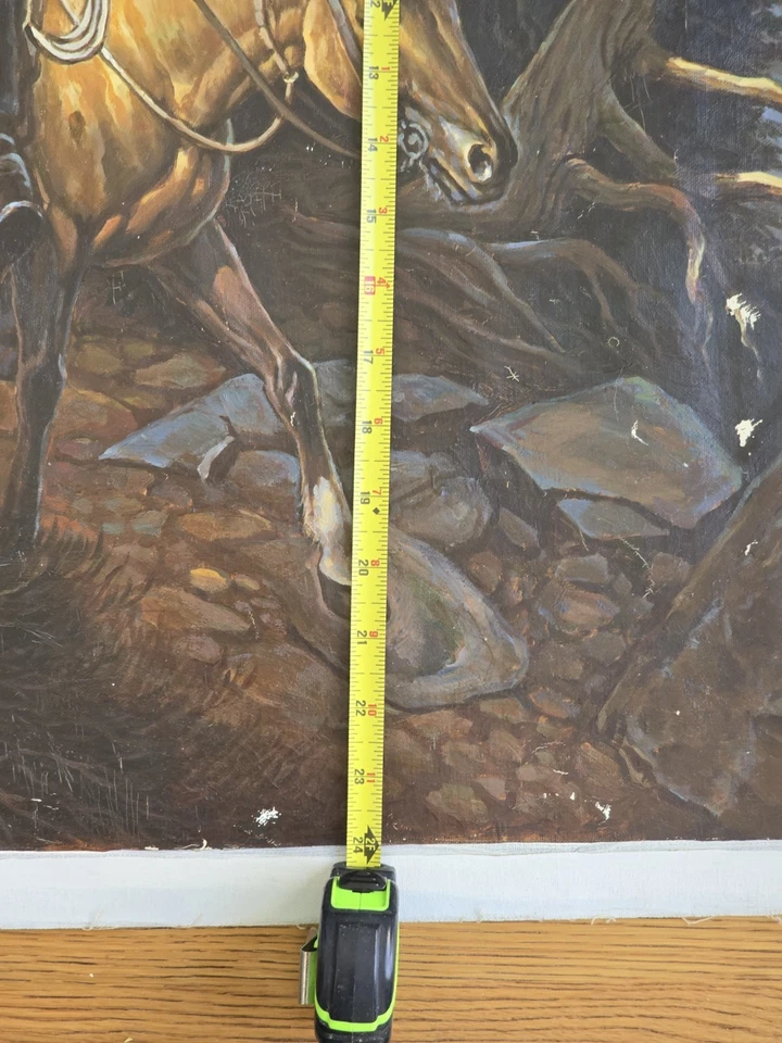 Pintura Vaquera Vintage Paisaje Occidental con Caballos y Montañas 48x24 Foto 3 de 4