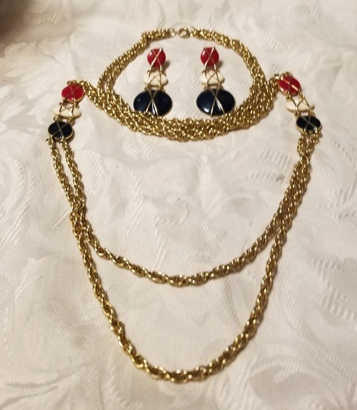 Vintage Crown Trifari Jewelry Set, Red, White&Blue,2 Strand Necklace& 2" Earring