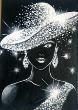 Portrait Girl in a hat Abstract black and white acrylic painting Original 11*8