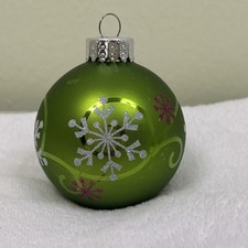 Small Green Ball Christmas Ornament W/White  Pink Glitter Snowflakes 2"