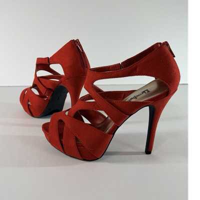 Lime Light Beds Red Suede Strappy Open Toe Stiletto Zip Heels Women's 6.5