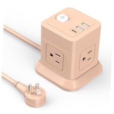 Cube Power Strip, 4 Widely Spaced Outlet with 3 USB 1 USB C Flat 5FT Pink