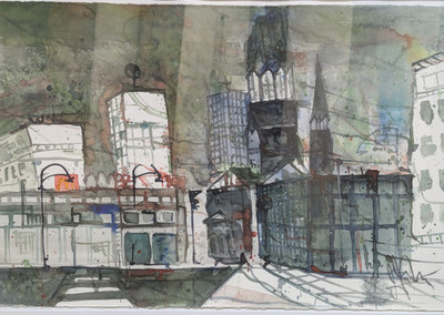 Original expressionistisches Stadtbild Aquarell Gemälde undeutlich signiert