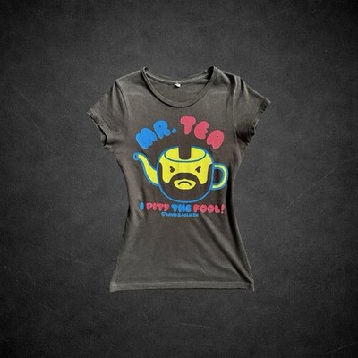 David & Goliath Womens Tshirt Mr Tea I Pity The Fool Graphic Print Black Y2K S/M