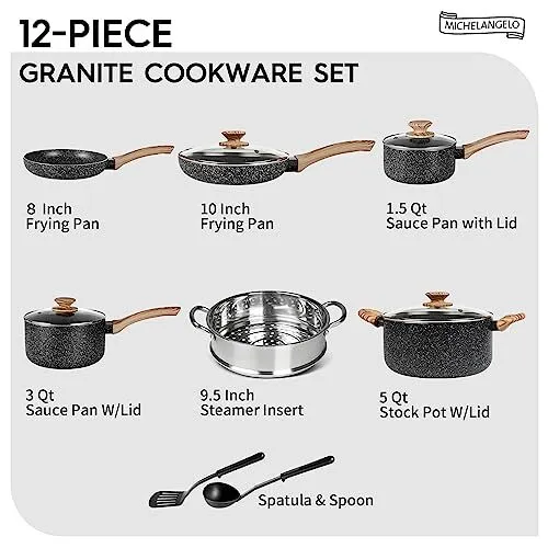 MICHELANGELO Pots and Pans Set Nonstick, Granite Cookware 12 Pcs