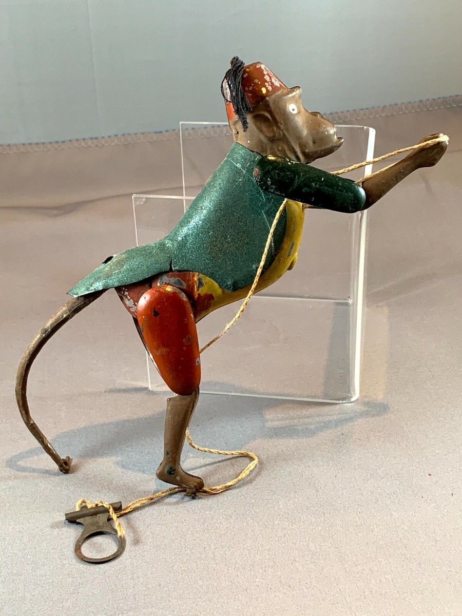 Rare Lehmann Early 1900s Mechanical Tin Toy Monkey Climbing Rope