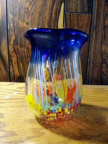 Hand Blown Fish Aquarium Vase Confetti Cobalt Blue Rim Repo - Picture 2 of 6