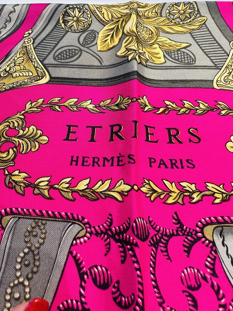 Hermes Paris “Etriers” 100% Silk Magenta Pink Yellow